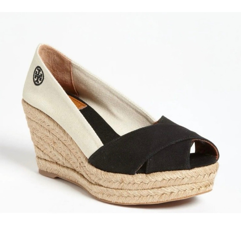 Tory Burch Women's Filipa
Espadrille Wedge Canvas Peep Toe
Black Cream Size 9